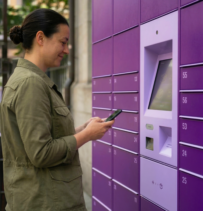 Vásárló csomagot vesz át egy csomagautomatánál